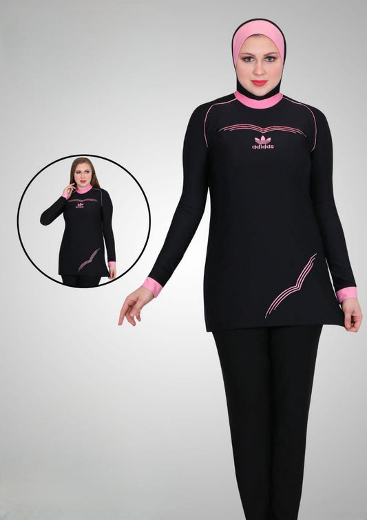 Black and Pink Modest Swimsuit Set