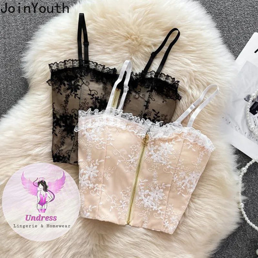 Floral Lace Corset Top with Gold Zipper