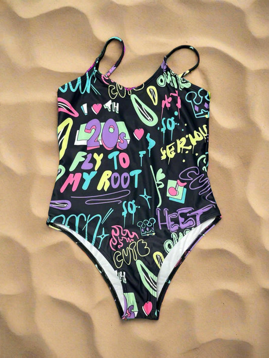 One-Piece Graffiti Print Swimsuit