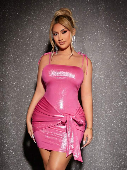 Shiny Pink Ruched Mini Dress