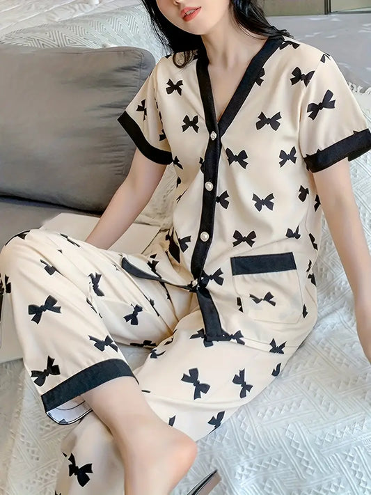 Two-Piece Bow Print Pajama Set