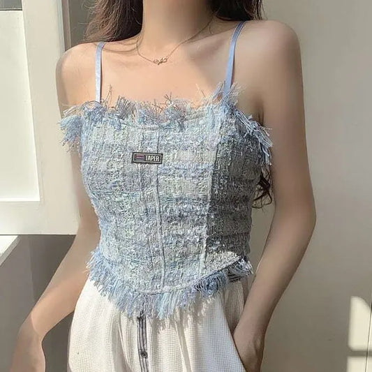 Chic Tweed Crop Top with Frayed Edges