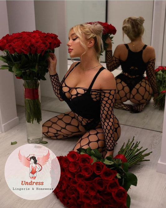 Black Mesh Seduction: Three-Piece Lingerie Set