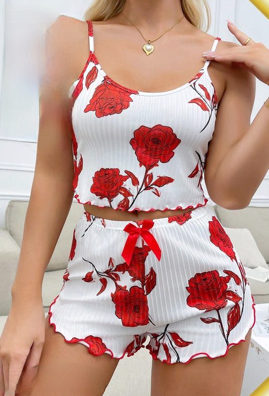 Two-Piece Red Rose Print Lounge Set