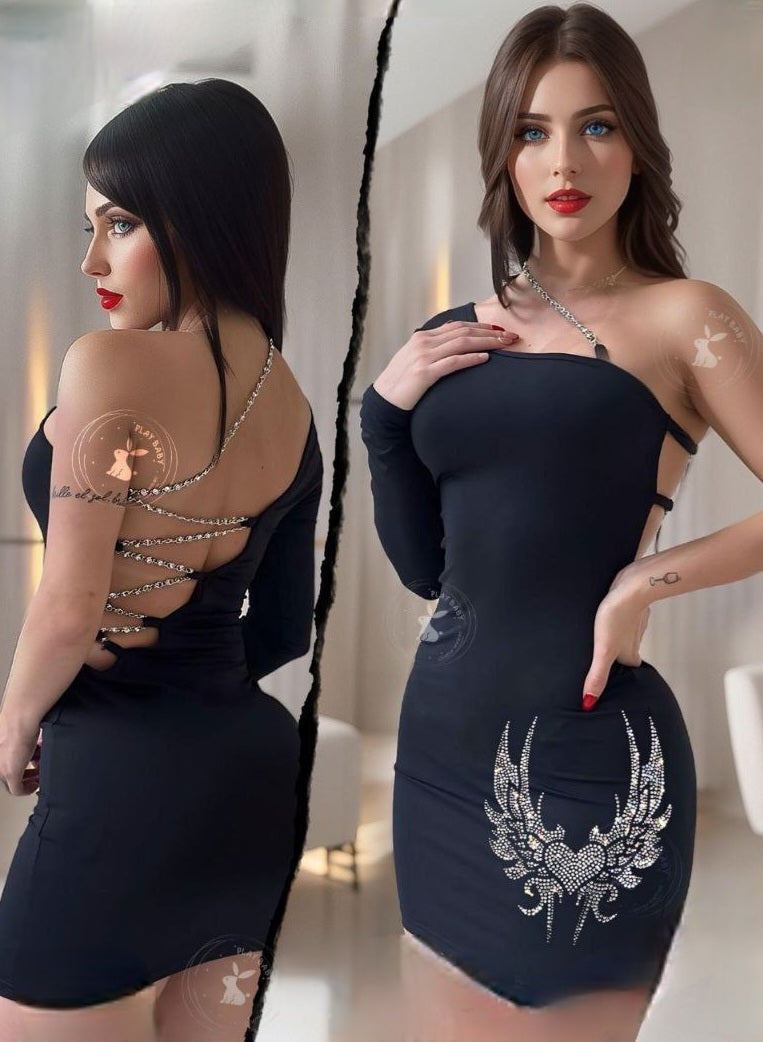 Black One-Shoulder Mini Dress with Rhinestone Chain