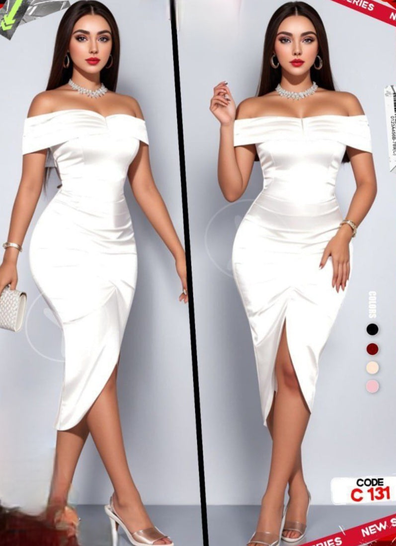 Elegant Off-Shoulder Dress with Front Slit
