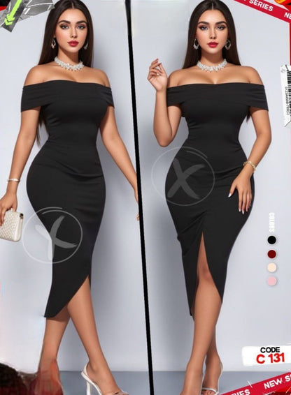 Elegant Off-Shoulder Dress with Front Slit