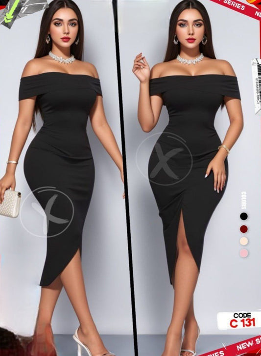 Elegant Off-Shoulder Dress with Front Slit