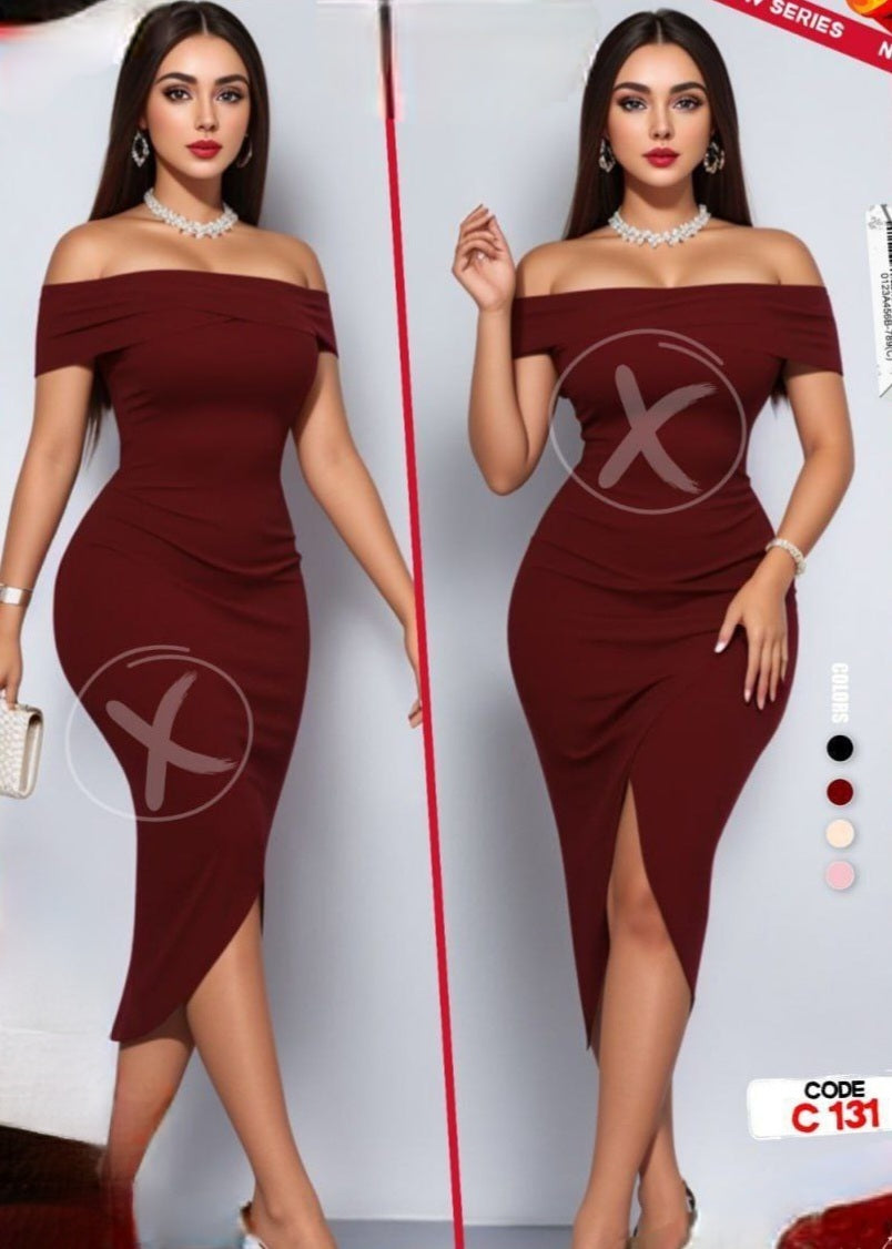 Elegant Off-Shoulder Dress with Front Slit