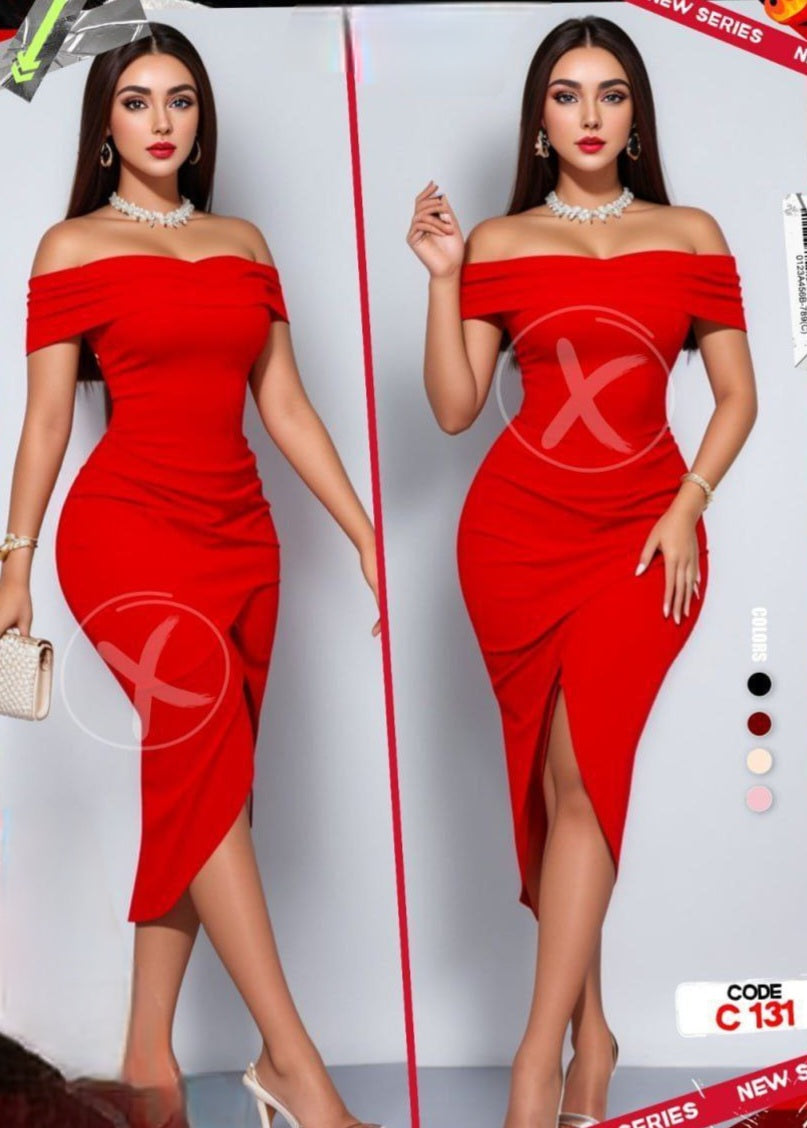 Elegant Off-Shoulder Dress with Front Slit
