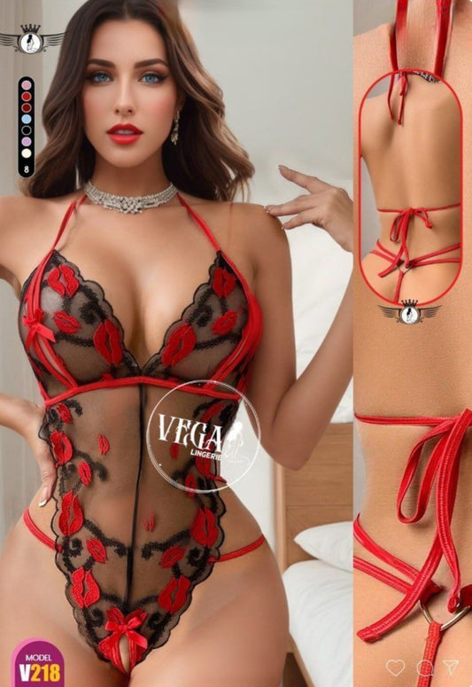 Lip Embroidered Halter Bodysuit