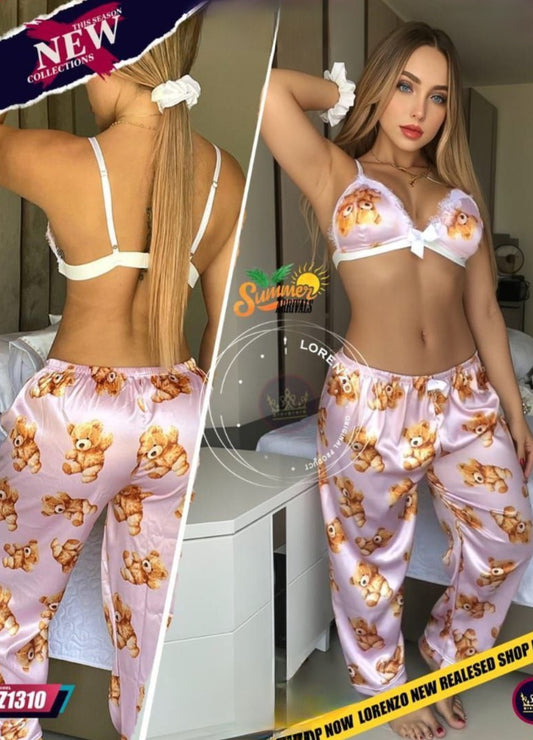 Two-Piece Satin Pajama Set with Animal Print
